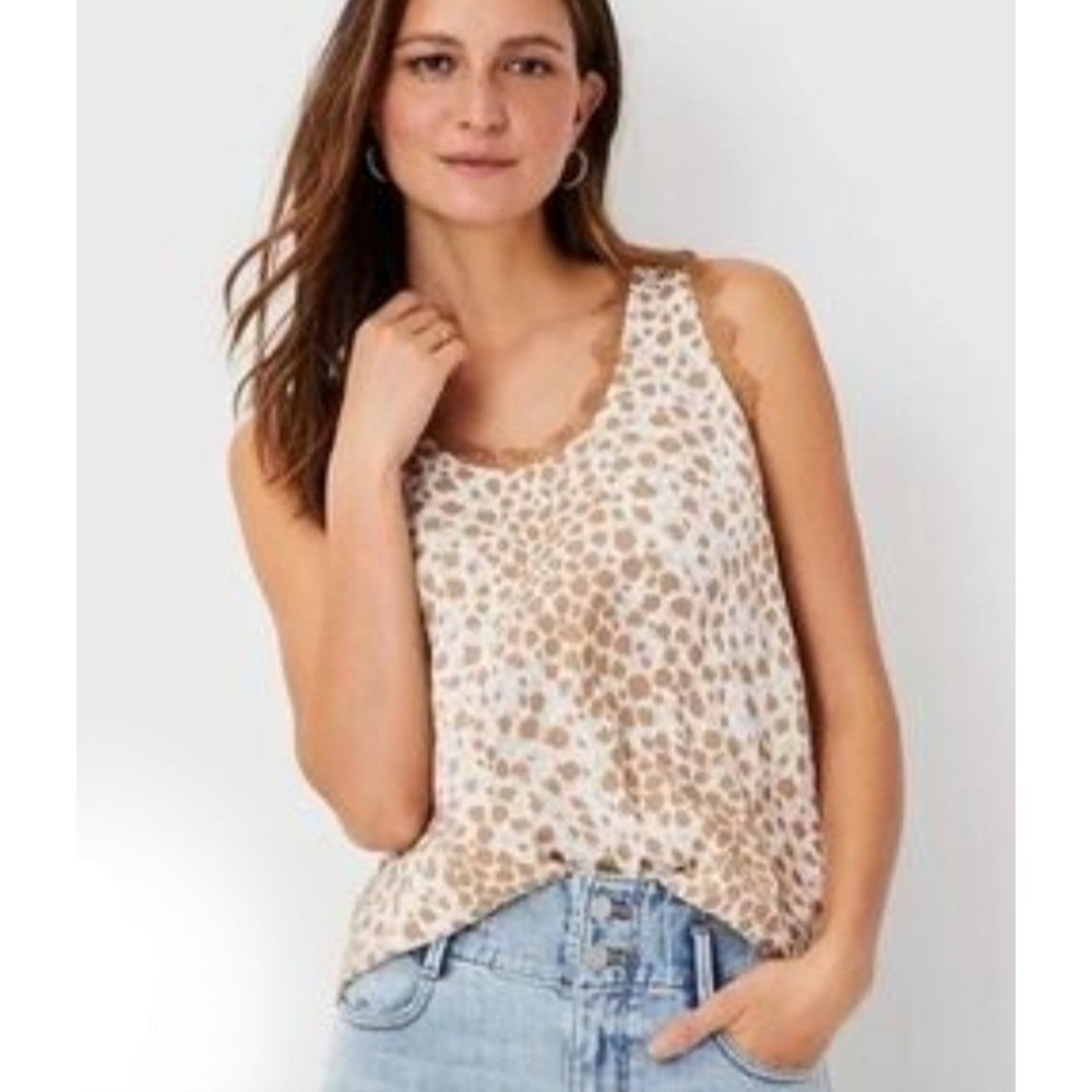 EUC Ann Taylor Women's Leopard Print Lace Trim Tank Top Dark Dark Tan Size XS